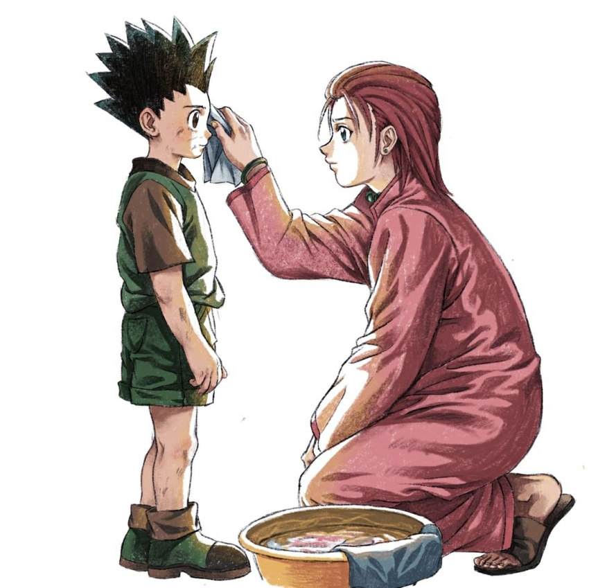 1boy 1girl ankle_boots aunt_and_nephew bangle basin black_hair boots bracelet brown_shirt child cleaning dirty dirty_face dress earrings eye_contact flip-flops from_side full_body gon_freecss green_footwear green_shorts green_vest hair_slicked_back hand_up handkerchief holding holding_handkerchief hunter_x_hunter jewelry kneeling looking_at_another looking_away mito_freecss motherly pink_dress profile red_hair sakuproject sandals shirt short_hair short_sleeves shorts simple_background spiked_hair stud_earrings vest water white_background wiping_face