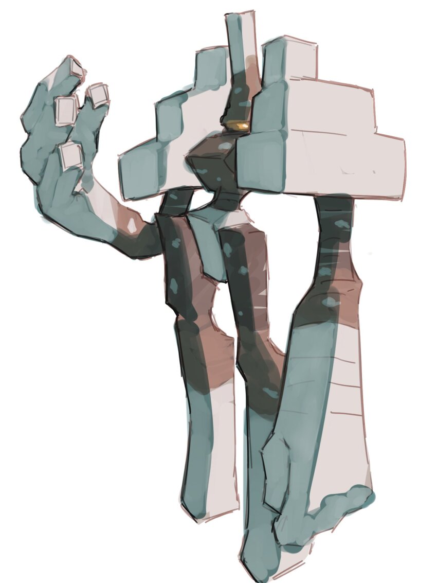 colored_extremities colored_sclera colored_skin dark_skin fewer_digits full_body garganacl glowing glowing_eyes golem hand_up highres long_arms long_legs nintendo no_humans orange_eyes orange_sclera oversized_forearms oversized_limbs pokemon pokemon_(creature) pokemon_focus sakuraiisui solo standing white_skin