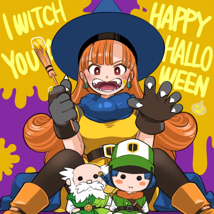 1girl 2boys alena_(dq4) animal_hands ankle_boots balding belt black_gloves black_pantyhose blue_cape blue_hair blue_hat blush_stickers boots breasts brey bright_pupils brown_boots cape character_doll claw_pose claws clift doll dragon_quest dragon_quest_iv dress earrings facial_hair fangs fangs_out gloves green_hair green_tunic hands_up happy_halloween hat highres holding holding_paintbrush jewelry long_hair looking_at_viewer mitre multiple_boys mustache old old_man open_mouth orange_hair paint paint_on_fingers paint_on_hands paint_splatter paint_splatter_on_face paintbrush pantyhose paw_gloves pointy_hat red_eyes sheath sheathed short_dress short_hair sitting smile solid_circle_eyes solo sphere_earrings spread_legs stuffed_toy sword sword_on_back teeth tunic weapon weapon_on_back white_hair white_pupils yellow_dress yoshinari_tatsuno