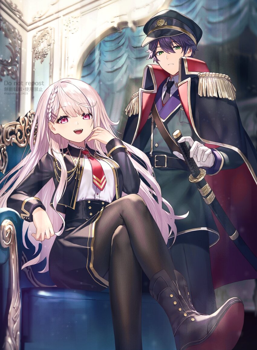 crossed_legs hat highres kenmochi_touya long_hair military_hat military_uniform nijisanji shiina_yuika shiina_yuika_(8th_costume) sitting sword tsunakawa virtual_youtuber weapon white_hair
