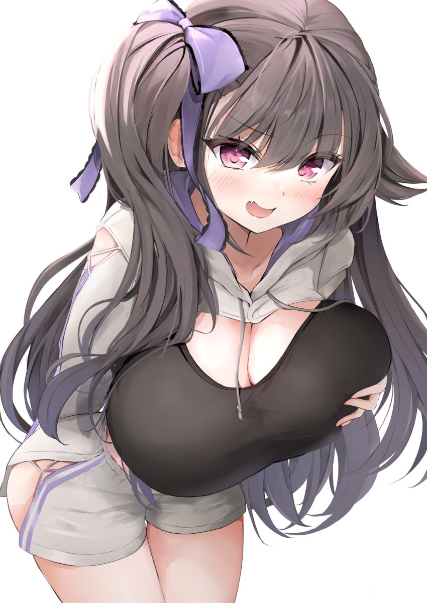 1girl azur_lane black_hair blush bow breasts cleavage fang hair_between_eyes hair_bow highres huge_breasts long_hair looking_at_viewer official_alternate_costume one_side_up open_mouth pamiat_merkuria_(azur_lane) pamiat_merkuria_(pick_and_choose!)_(azur_lane) pink_eyes purple_bow shorts simple_background skin_fang solo taisanai white_background white_shorts