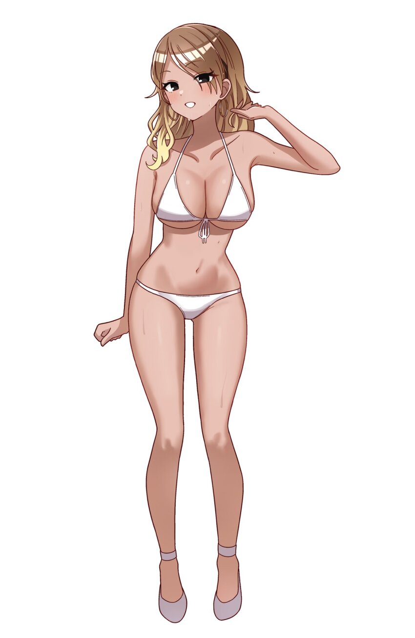 1girl bikini black_eyes blonde_hair breasts brown_hair cleavage commentary dark-skinned_female dark_skin dot_nose earrings front-tie_bikini_top front-tie_top full_body gradient_hair gyaru halterneck hand_up highres hoop_earrings idolmaster idolmaster_shiny_colors izumi_mei jewelry large_breasts long_hair looking_at_viewer multicolored_hair navel niban_(puka_0507) open_mouth shoes simple_background smile solo standing swimsuit underboob wet white_background white_bikini