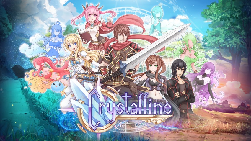 2boys 6+girls ahoge amelia_estelle armor armored_dress belt black_coat black_hair black_pants blonde_hair blue_eyes blue_hair blue_sky book bow brown_eyes brown_hair buckle cape clasp cloud coat copyright_name corset cover crop_top crossed_arms crystal crystalline detached_sleeves dress earth_spirit_(crystalline) elbow_gloves fingerless_gloves fire_spirit_(crystalline) gauntlets gloves grass green_eyes green_hair hair_bow hair_ornament hairband hero_(crystalline) highres huge_weapon kara_noir leanna_dawn long_hair magic magic_circle midriff multiple_boys multiple_girls navel pango_(crystalline) pants pauldrons pink_eyes pink_hair ponytail purple_hair red_cape red_scarf scarf shadow_spirit_(crystalline) sheath short_hair short_sleeves shoulder_armor skirt sky smile sunimu sword tree trench_coat twintails video_game_cover water_spirit_(crystalline) weapon wind_spirit_(crystalline) zack_spade