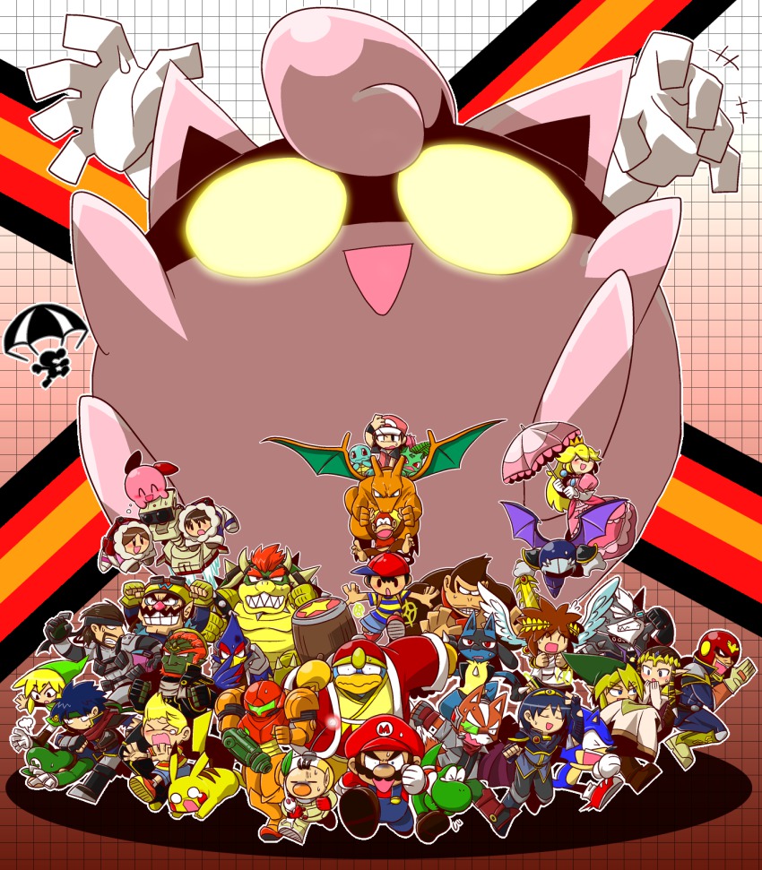 4girls 6+boys absolutely_everyone armor black_hair blonde_hair blue_hair bowser bracer brown_hair cape captain_falcon carrying charizard crazy_hand dark_skin diddy_kong donkey_kong donkey_kong_(series) everyone f-zero facial_hair falco_lombardi family_computer_robot fire_emblem fire_emblem:_mystery_of_the_emblem fire_emblem:_path_of_radiance fox_mccloud ganon ganondorf gen_1_pokemon gen_4_pokemon giant gloves hammer hat headband helmet highres ice_climber ike_(fire_emblem) ivysaur jigglypuff kageyama_(ikagerira) kid_icarus king_dedede kirby kirby_(series) link long_hair lucario lucas_(mother_3) luigi mario mario_(series) marth_(fire_emblem) master_hand meta_knight metal_gear_(series) metal_gear_solid metroid monkey mother_(series) mother_2 mother_3 mr._game_&amp;_watch multiple_boys multiple_girls mustache nana_(ice_climber) ness_(mother_2) nintendo olimar pikachu pikmin_(series) pit_(kid_icarus) pokemon pokemon_(creature) popo_(ice_climber) power_suit_(metroid) princess_peach princess_zelda red_hair samus_aran sega solid_snake sonic_(series) sonic_the_hedgehog squirtle star_fox super_smash_bros. the_legend_of_zelda the_legend_of_zelda:_the_wind_waker the_legend_of_zelda:_twilight_princess tiara toon_link varia_suit wario wings wolf_o&#039;donnell yoshi