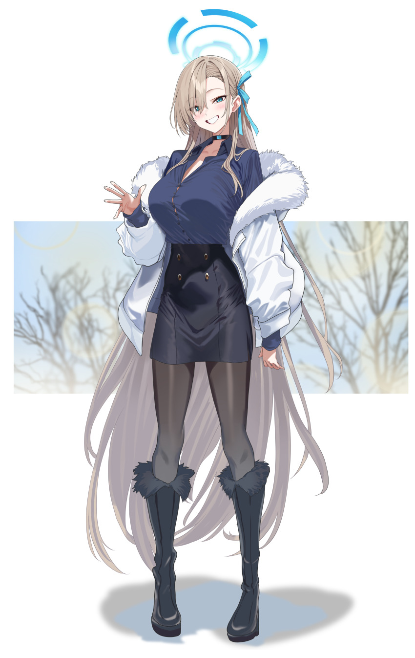 1girl absurdres asuna_(blue_archive) black_shoes black_skirt blue_archive blue_eyes blue_halo blue_shirt blush breasts brown_hair choker fur-trimmed_jacket fur_trim hair_over_one_eye hair_ribbon halo hidis0086 highres jacket large_breasts long_hair looking_at_viewer pantyhose pencil_skirt ribbon shirt shoes skirt smile solo very_long_hair white_jacket winter