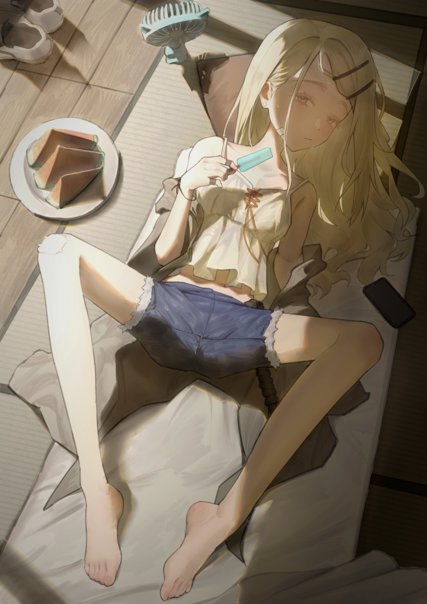 1girl absurdres bare_legs barefoot blonde_hair camisole cellphone crane666 denim denim_shorts feet food fruit gakuen_idolmaster hair_ornament hairclip highres holding holding_food holding_popsicle idolmaster legs long_hair looking_at_viewer phone popsicle shinosawa_hiro shorts skinny smartphone split spread_legs thighs toenails toes watermelon watermelon_slice