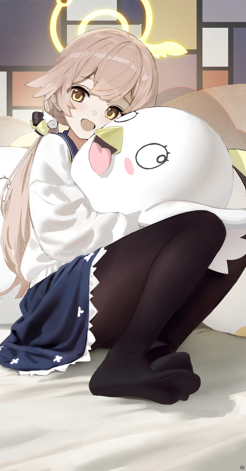 1girl absurdres black_pantyhose blue_archive blue_sailor_collar blue_skirt blush brown_hair cardigan commentary_request hair_between_eyes hair_ornament halo hifumi_(blue_archive) highres long_hair looking_at_viewer low_twintails open_mouth pantyhose peroro_(blue_archive) sailor_collar skirt smile solo songchuan_li stuffed_animal stuffed_bird stuffed_toy twintails white_cardigan wing_hair_ornament winged_halo yellow_eyes yellow_halo