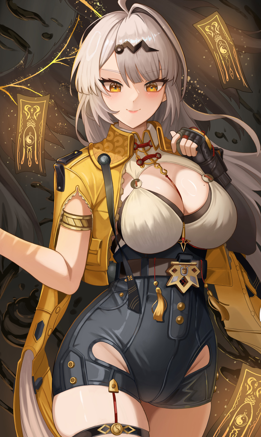 1girl absurdres ahoge breasts cleavage cowboy_shot elbow_gloves fingerless_gloves gloves hair_ornament high-waist_shorts highres jacket large_breasts long_hair looking_at_viewer ofuda sdwg7387 shorts single_elbow_glove single_hair_intake smile solo white_hair yellow_eyes yellow_jacket yin_yang_pin yixuan_(zenless_zone_zero) zenless_zone_zero