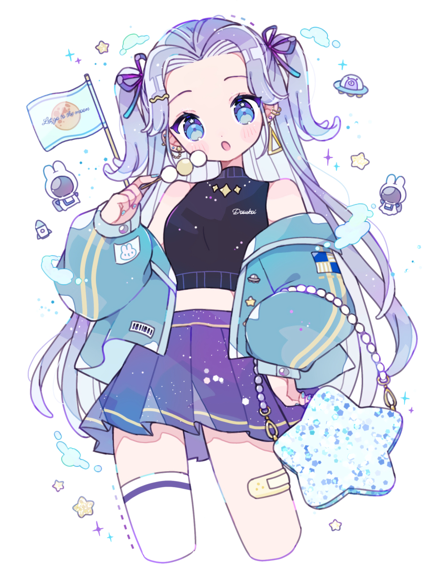 1girl :o bandaid bandaid_on_leg bare_shoulders black_sweater blue_eyes blue_jacket blush_stickers commentary cropped_legs dango ear_piercing earrings flag food forehead hair_ribbon highres holding holding_food jacket jewelry long_hair long_sleeves looking_at_viewer nagihoko off_shoulder open_clothes open_jacket open_mouth original piercing pleated_skirt purple_hair purple_ribbon purple_skirt ribbon simple_background single_thighhigh skirt sleeveless sleeveless_sweater solo sweater thighhighs turtleneck turtleneck_sweater two_side_up very_long_hair wagashi white_background white_thighhighs