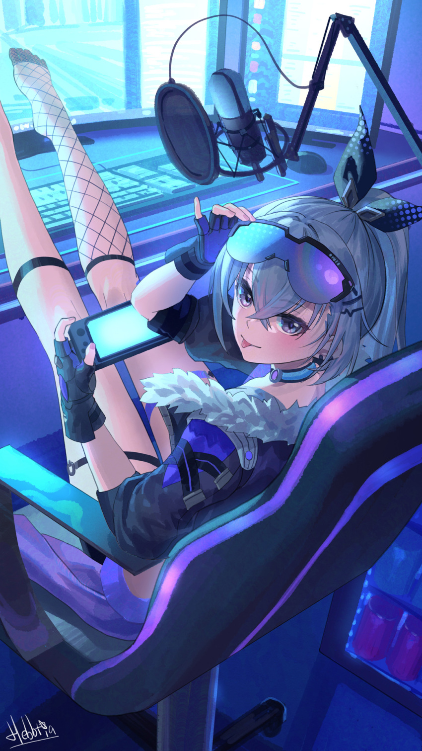 1girl :p black_gloves black_jacket eyewear_on_head fingerless_gloves fishnet_socks fishnets fur-trimmed_jacket fur_trim gloves goggles goggles_on_head grey_eyes grey_hair hair_between_eyes handheld_game_console hebbtia highres holding holding_handheld_game_console honkai:_star_rail honkai_(series) jacket legs_on_table long_hair looking_at_viewer multiple_girls navel ponytail shirt shorts signature silver_wolf_(honkai:_star_rail) socks solo thigh_strap tongue tongue_out white_shirt