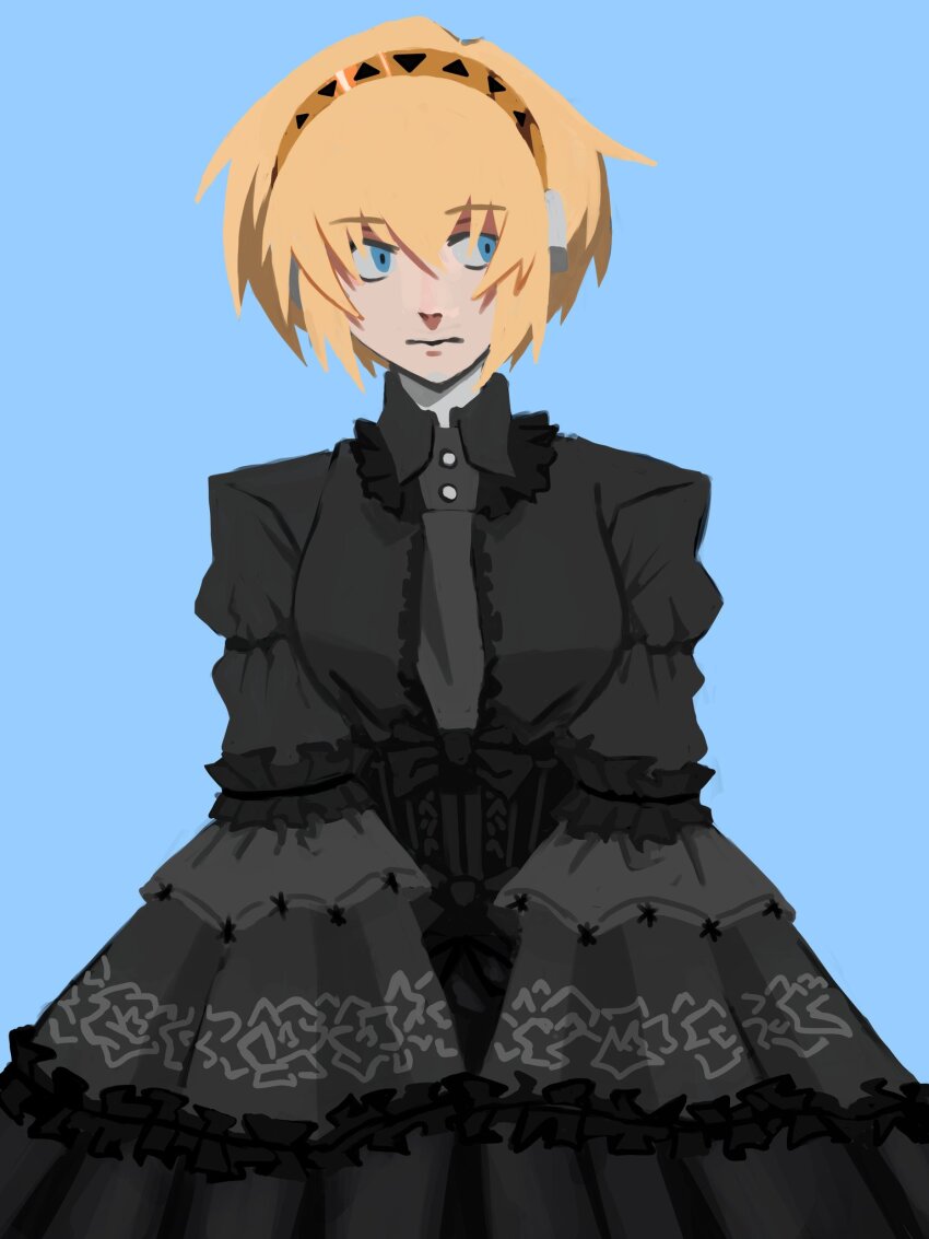 1girl aigis_(persona) android black_dress black_necktie blonde_hair blue_background blue_eyes dress expressionless frilled_dress frilled_sleeves frills goth_fashion gothic_lolita hairband highres joints lolita_fashion looking_to_the_side necktie nhoquenio persona persona_3 robot_ears robot_girl robot_joints short_hair simple_background solo