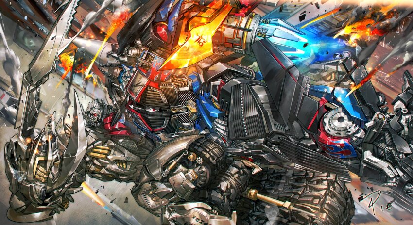 arm_cannon blue_eyes energy_blade glowing glowing_eyes highres humanoid_robot jetpack mecha megatron optimus_prime red_eyes robot science_fiction seafood_pie thrusters transformers transformers:_revenge_of_the_fallen transformers_(live_action) weapon