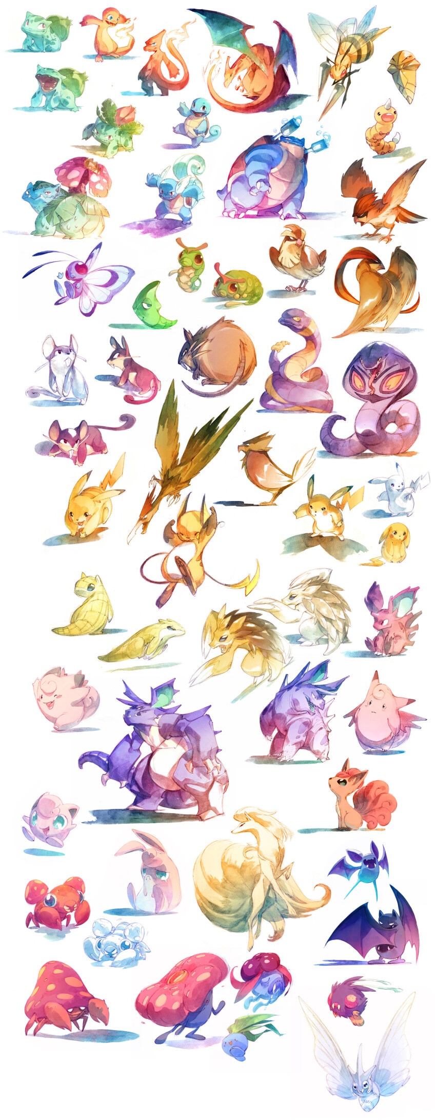 absurdres arbok ballpoint_pen_(medium) bat_(animal) beedrill bird blastoise bug bulbasaur butterfly butterfree charizard charmander charmeleon clefable clefairy collage commentary crab creature creatures_(company) dragon ekans english_commentary evolutionary_line fearow game_freak gen_1_pokemon gloom_(pokemon) golbat highres insect ivysaur jigglypuff jumping kakuna metapod mouse_(animal) nicholas_kole nidoking nidoran nidoran_(male) nidorino ninetales nintendo no_humans oddish painting_(medium) paras parasect pen_(medium) photoshop_(medium) pidgeot pidgeotto pidgey pikachu pokemon pokemon_(creature) raichu raticate rattata sandshrew sandslash shadow simple_background snake spearow squirtle traditional_media venomoth venonat venusaur vileplume vulpix wartortle watercolor_(medium) weedle white_background wigglytuff zubat