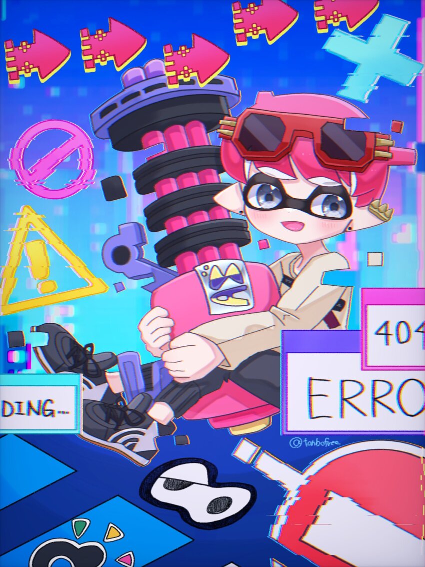1boy amiibo arrow_(symbol) black_pants black_shoes blue_background chromatic_aberration commentary_request cross-laced_footwear eyewear_on_head full_body glitch grey_eyes gun heavy_splatling_(splatoon) highres holding holding_gun holding_weapon inkling inkling_boy inkling_player_character long_sleeves nintendo open_mouth pants pink_hair pointy_ears red-framed_eyewear road_sign shirt shoes short_hair sign sitting sleeves_past_wrists smile solo splatoon_(series) sticker stop_sign sunglasses tentacle_hair tonbofree warning_sign weapon white_shirt