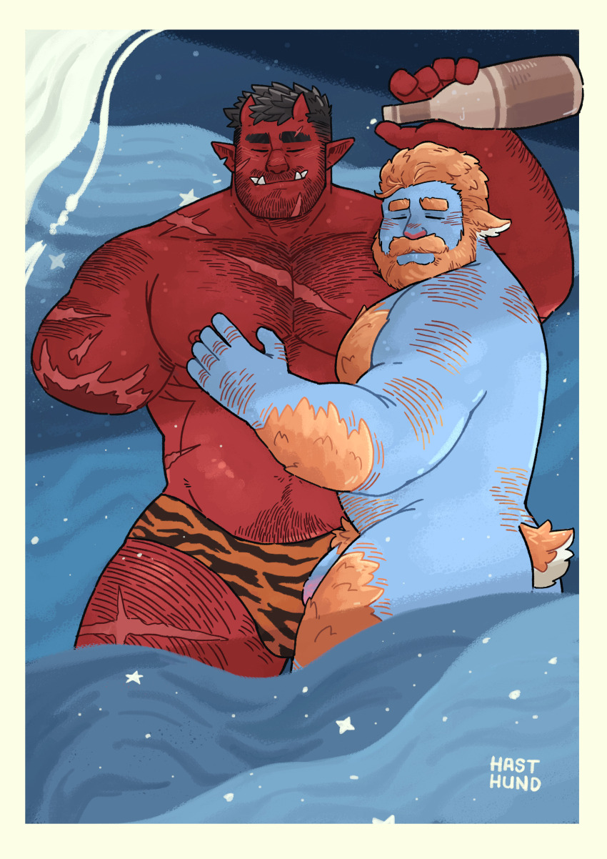 2boys absurdres afterglow amputee animal_ears animal_print ass back_hair bara beard belly black_hair blue_skin body_fur bottle briefs chest_hair clothed_male_nude_male colored_skin completely_nude connected_beard couple cowboy_shot cuddling deer_boy deer_ears demon_boy demon_horns facial_hair fat fat_man flaccid from_above full_beard gus_(orcbardneeul) hahasthund hairy hand_hair hand_on_another&#039;s_chest highres hiroto_(dick_gumshoe) horns huge_eyebrows interracial large_pectorals lying male_focus male_underwear mature_male monster_boy multiple_boys muscular muscular_male mustache navel_hair nipples notched_ear nude on_back on_bed on_side orange_fur original pectoral_pillow pectorals penis pointy_ears print_male_underwear red_skin second-party_source short_hair sleeping sleeping_on_person sparse_chest_hair thick_arm_hair thick_beard thick_leg_hair thick_mustache thick_navel_hair tiger_print tusks uncensored underwear very_hairy wine_bottle yaoi