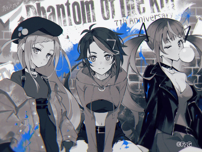 3girls ;) absurdres artist_name ayappe_taicho belt black_belt black_choker black_hat black_jacket braid chewing_gum choker commentary_request gloves grey_scales hat highres hood hood_down hoodie hyoha_(phantom_of_the_kill) jacket looking_at_viewer midriff multiple_girls murgleys_(phantom_of_the_kill) official_art one_eye_closed orpheus_(phantom_of_the_kill) phantom_of_the_kill second-party_source shorts sitting smile twintails upper_body