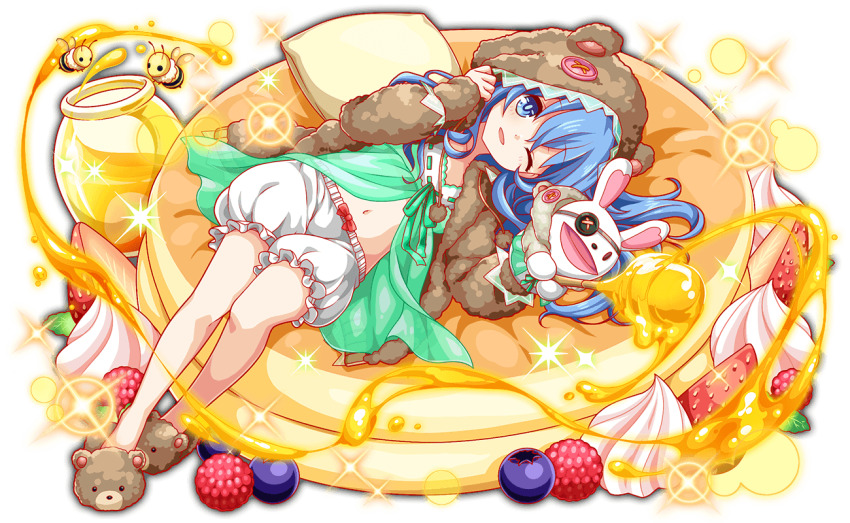 1girl animal_ears animal_hood bee blue_eyes blue_hair blueberry bug crash_fever date_a_live dress eyepatch food fruit hair_between_eyes hand_puppet honey hood insect long_hair looking_at_viewer navel official_alternate_costume official_art one_eye_closed open_mouth pillow puppet rabbit_ears rabbit_puppet second-party_source shorts smile solo tachi-e transparent_background himekawa_yoshino yoshinon