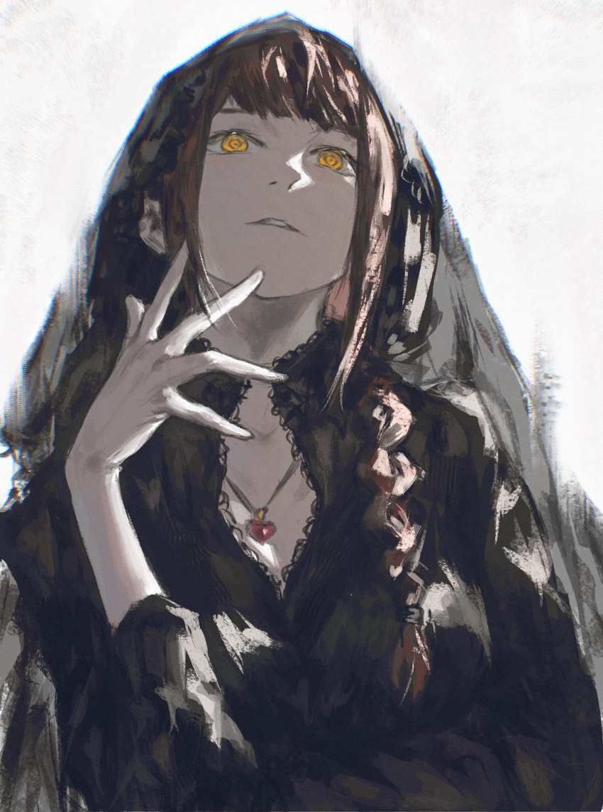 1girl absurdres black_hood black_robe braid breasts chainsaw_man cleavage facing_viewer hand_on_own_elbow heart heart_necklace highres hood impasto jewelry long_hair long_sleeves looking_up makima_(chainsaw_man) medium_hair necklace open_hand red_hair ringed_eyes robe shiej007 sidelocks solo white_background yellow_eyes