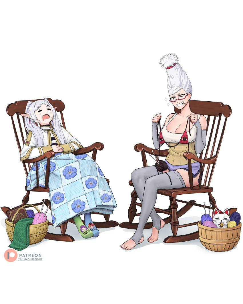 2girls absurdres ayase_seiko basket blanket breasts brown_eyes capelet chair character_print cleavage closed_eyes commentary crossover dandadan dismaiden elf english_commentary fern_(sousou_no_frieren) frieren glasses grey_arm_warmers grey_hair grey_thighhighs haramaki highres holding holding_swimsuit holding_unworn_clothes knitting_needle large_breasts long_hair mature_female multiple_girls needle on_chair pointy_ears red-framed_eyewear rocking_chair semi-rimless_eyewear shirt simple_background sleeping smoking sousou_no_frieren stark_(sousou_no_frieren) striped_clothes striped_shirt swimsuit tall_hair tank_top thighhighs turbo_granny_(dandadan) twintails unworn_swimsuit white_background white_capelet white_hair white_tank_top yarn yarn_ball