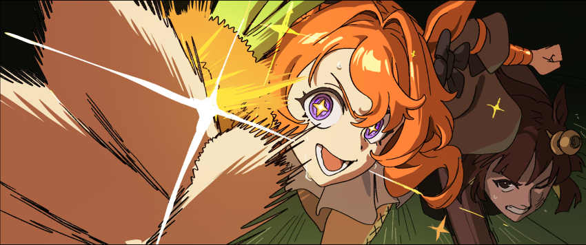 2girls animal_ears black_bow bow clenched_teeth commentary door_knob_(horse_race_tests) english_commentary hair_intakes hair_ornament highres horse_ears horse_girl horse_race_tests jovial_merryment long_hair looking_at_viewer meka_aoratos multiple_girls open_mouth orange_hair purple_eyes running smile star-shaped_pupils star_(symbol) symbol-shaped_pupils teeth