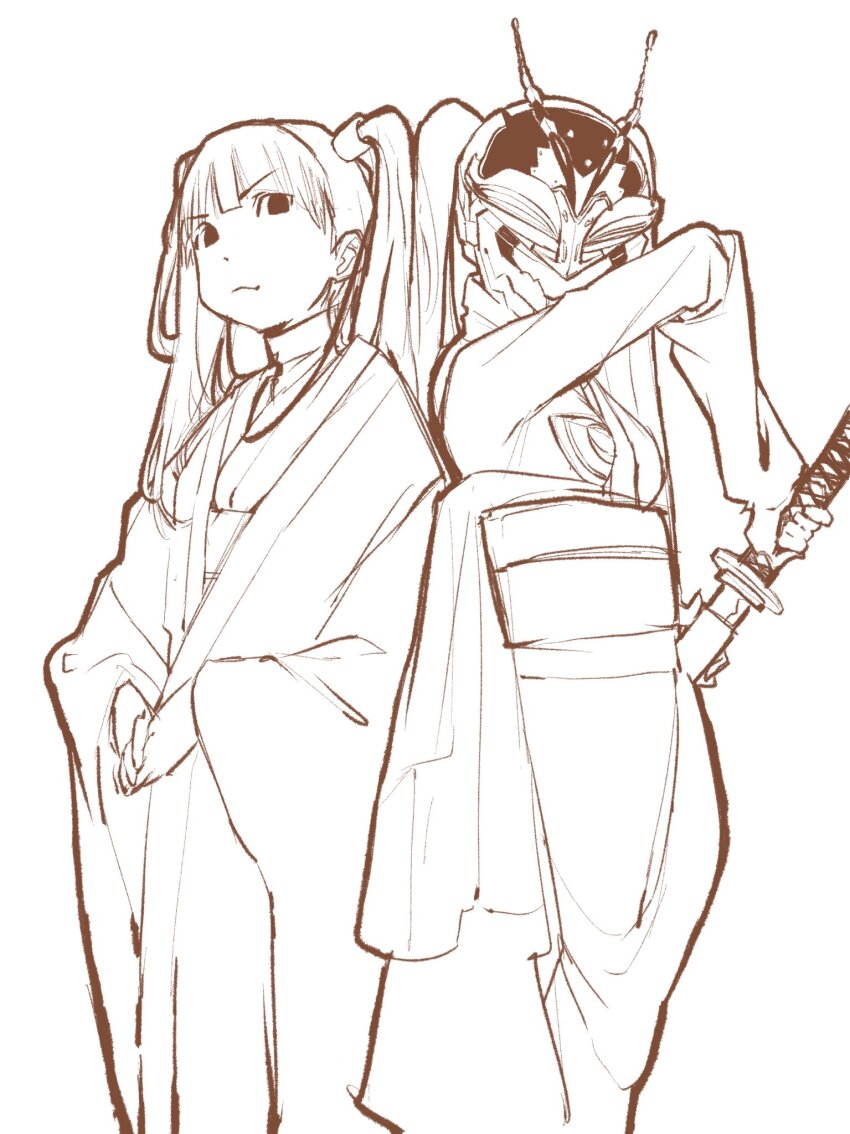 2girls greyscale highres holding holding_sword holding_weapon kamen_rider katana long_hair looking_at_viewer mask monochrome multiple_girls original osakana_tomika robe sash sheath shin_kamen_rider side-by-side sword twintails unsheathing weapon