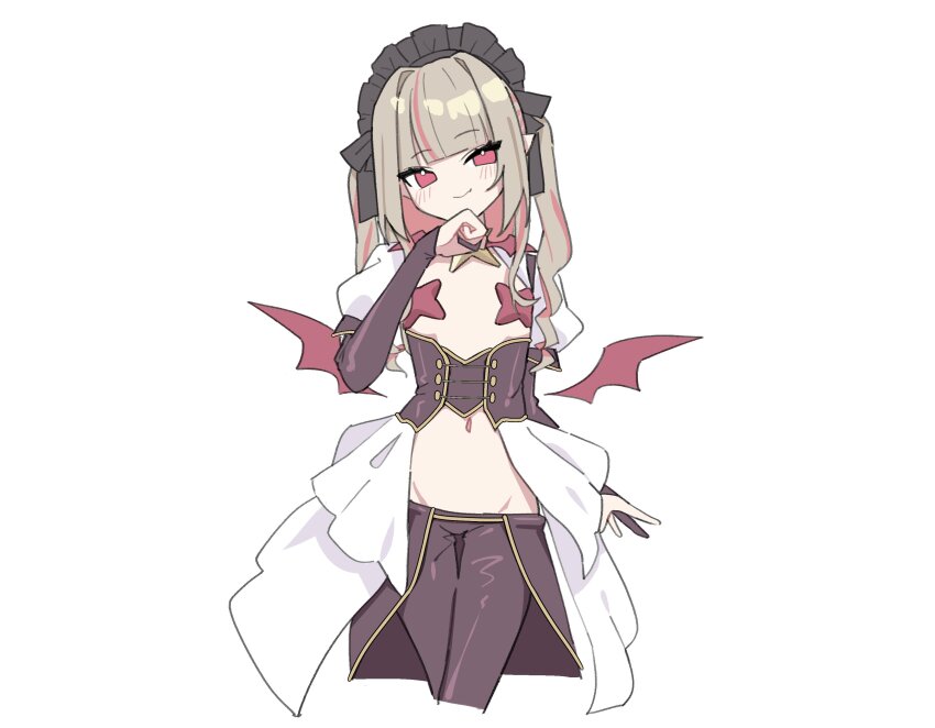 1girl absurdres black_bridal_gauntlets black_corset black_hairband black_pants bridal_gauntlets brown_hair closed_mouth colored_inner_hair commentary corset cosplay demon_wings detached_collar detached_sleeves english_commentary flat_chest frilled_hairband frills groin hair_intakes hairband highres light_blush long_hair looking_at_viewer lowleg lowleg_pants lyrinne magia_baiser magia_baiser_(cosplay) mahou_shoujo_ni_akogarete makaino_ririmu multicolored_hair navel nijisanji pants pasties pink_eyes pink_hair pointy_ears puffy_short_sleeves puffy_sleeves short_sleeves simple_background smile solo streaked_hair two-tone_hair two_side_up virtual_youtuber white_background wings