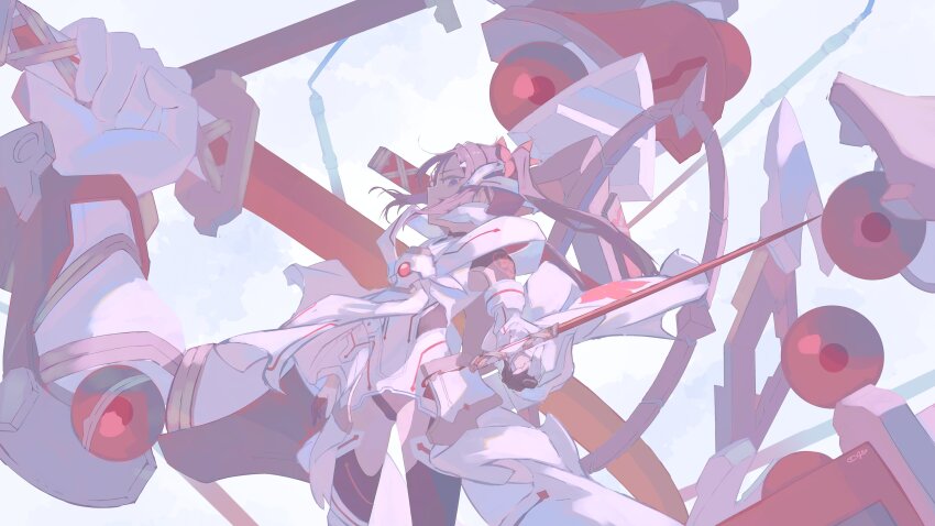 1girl absurdres aky_nibo armor armored_leotard black_thighhighs blood brown_hair closed_mouth covered_navel cowboy_shot dual_wielding extra_arms floating floating_object floating_weapon gloves headgear highres holding holding_sword holding_weapon joints katana leotard long_hair looking_at_viewer mankai mecha_musume mechanical_arms miyoshi_karin multiple_swords multiple_weapons pink_hair ponytail red_eyes scabbard sheath sheathed solo standing sword thighhighs twintails weapon white_gloves white_leotard yuuki_yuuna_wa_yuusha_de_aru yuusha_de_aru