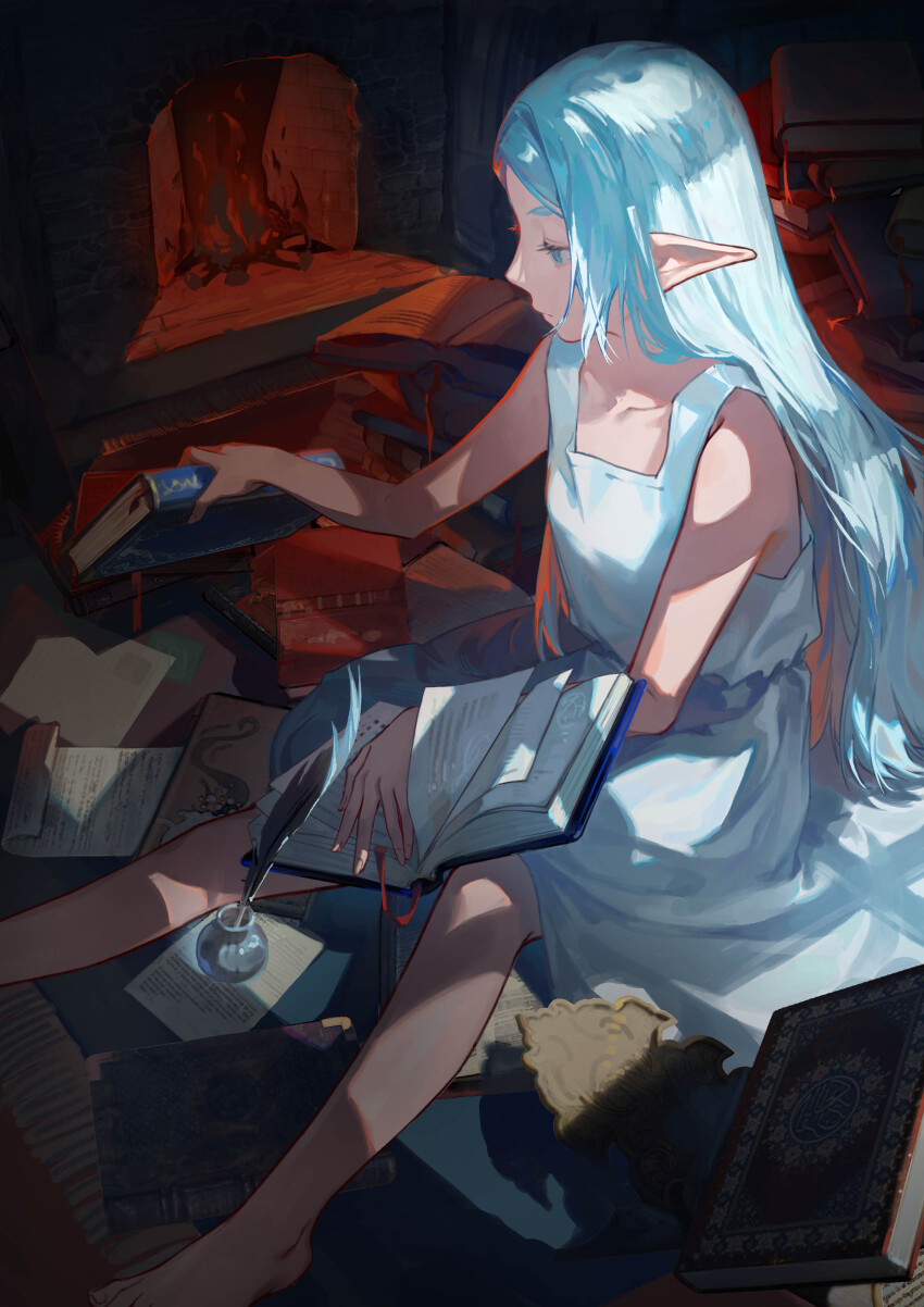 1girl absurdres alternate_costume bare_shoulders barefoot book book_stack closed_mouth commentary_request dress elf fireplace foot_out_of_frame frieren gouzhao_nanxing green_eyes hair_down highres holding holding_book indoors inkwell long_hair looking_at_object looking_to_the_side on_floor open_book paper pointy_ears quill sitting sleeveless sleeveless_dress solo sousou_no_frieren white_dress white_hair window_shadow