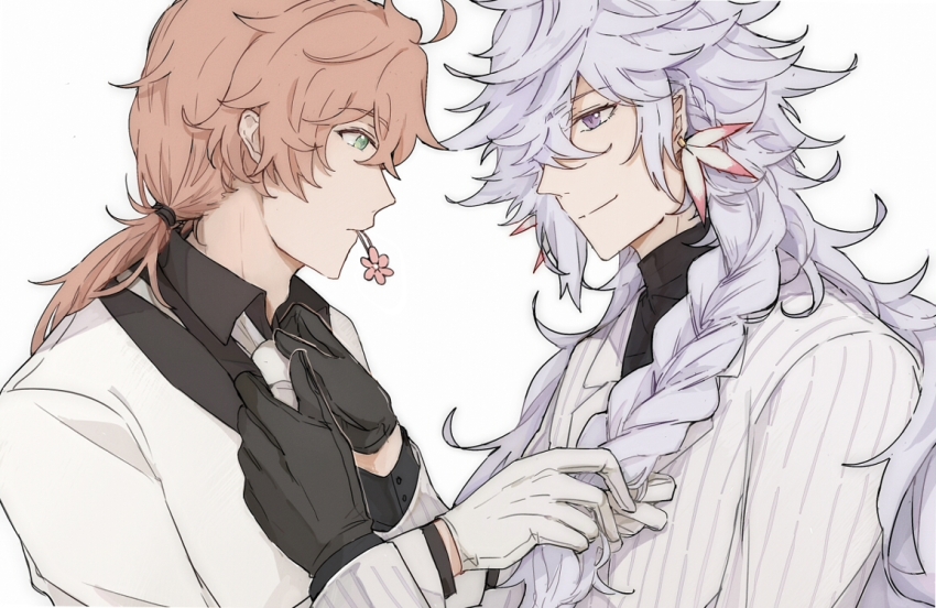 2boys adjusting_another&#039;s_clothes adjusting_clothes adjusting_necktie alternate_costume alternate_hairstyle black_gloves black_shirt braid braiding_hair closed_mouth collared_shirt dressing_another earrings fate/grand_order fate_(series) flower_earrings formal_clothes from_side gloves green_eyes hair_between_eyes hair_ornament hairclip hairdressing high_collar jacket jewelry lapels long_hair long_sleeves looking_at_another low_ponytail male_focus merlin_(fate) mouth_hold multiple_boys necktie notched_lapels orange_hair pinstripe_jacket pinstripe_pattern pointy_ears ponytail purple_eyes purple_hair romani_archaman ruoyin shirt simple_background single_braid smile striped_clothes striped_jacket unworn_hair_ornament unworn_hairclip upper_body vertical-striped_clothes vertical-striped_jacket very_long_hair white_background white_gloves white_jacket white_necktie wing_collar