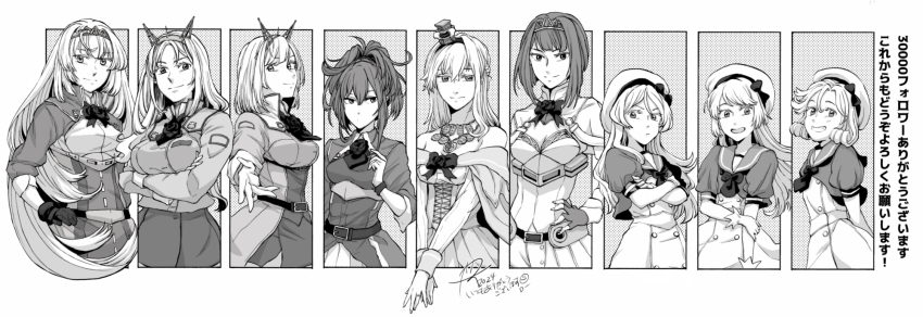 6+girls ark_royal_(kancolle) bare_shoulders bob_cut breasts cleavage closed_mouth crossed_arms crown dress fingerless_gloves flower gloves greyscale grin hair_between_eyes hand_on_own_hip hat headgear highres jacket janus_(kancolle) javelin_(kancolle) jervis_(kancolle) jewelry kantai_collection large_breasts long_hair long_sleeves looking_at_viewer medium_breasts milestone_celebration mini_crown monochrome multiple_girls necklace nelson_(kancolle) off-shoulder_dress off_shoulder open_mouth ponytail rodney_(kancolle) rose sailor_dress sheffield_(kancolle) short_hair short_sleeves signature skirt small_breasts smile tiara very_long_hair victorious_(kancolle) warspite_(kancolle) yamada_rei_(rou)