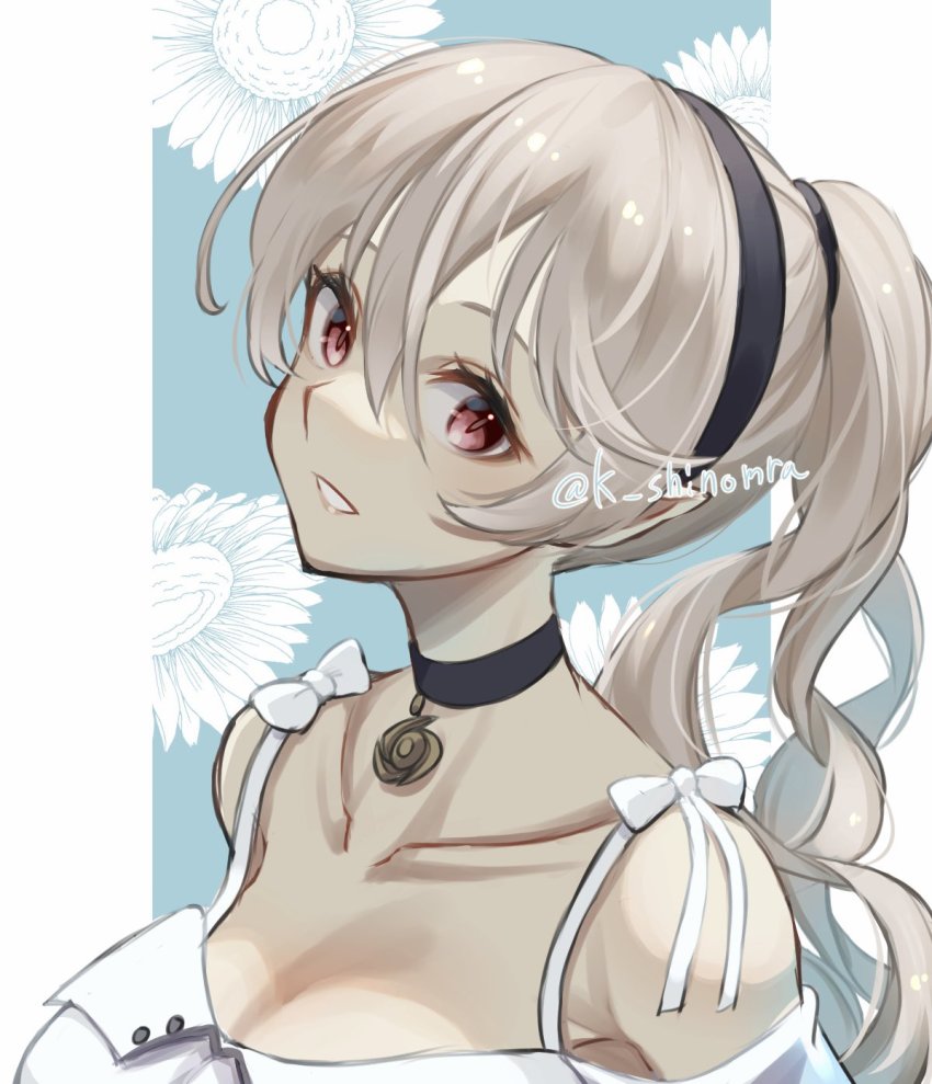 1girl alternate_costume alternate_hairstyle black_choker black_hairband breasts choker cleavage collarbone corrin_(female)_(fire_emblem) dress fire_emblem fire_emblem_fates grey_hair hair_between_eyes hairband highres karashino large_breasts lips long_hair looking_at_viewer nintendo pink_lips pointy_ears ponytail portrait red_eyes slit_pupils smile solo twitter_username white_dress