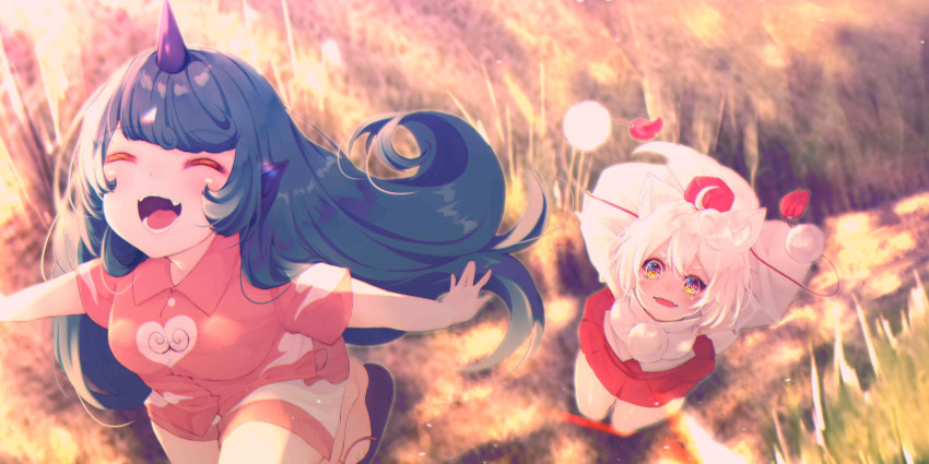 2girls :d animal_ear_fluff animal_ears breasts chita_(ketchup) closed_eyes cloud_print collared_shirt commentary curly_hair detached_sleeves english_commentary fangs flip-flops full_body game_cg green_hair hat highres horns inubashiri_momiji kariyushi_shirt komainu_ears komainu_girl komano_aunn long_hair multiple_girls official_art open_mouth outdoors pom_pom_(clothes) red_eyes red_hat red_shirt red_skirt sandals shirt short_hair short_sleeves shorts single_horn skirt smile tail third-party_source toes tokin_hat touhou touhou_lostword very_long_hair wheat_field white_hair white_shirt white_shorts wolf_ears wolf_girl wolf_tail