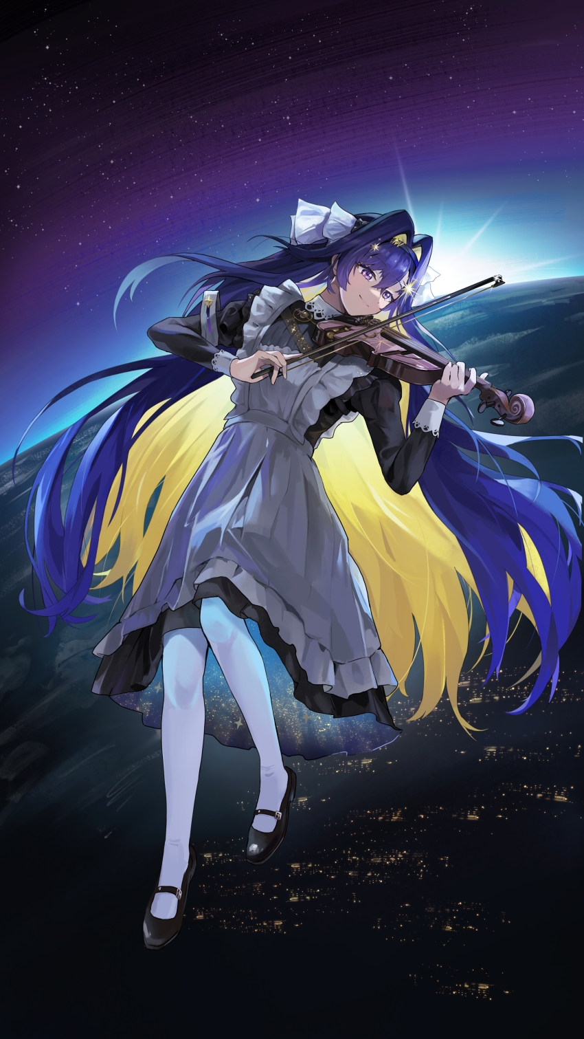1girl absurdres apron backlighting black_dress black_hairband black_shoes blonde_hair blue_eyes blue_hair bow_(music) closed_mouth colored_inner_hair dress earth_(planet) floating frilled_apron frills full_body hair_intakes hair_ornament hairband hands_up highres holding holding_bow_(music) holding_instrument holding_violin instrument long_hair looking_to_the_side mary_janes medium_dress multicolored_hair music pantyhose pingfan_de_mao planet playing_instrument reverse:1999 school_uniform shoes sky smile solo soviet_school_uniform space star_(sky) star_(symbol) star_hair_ornament starry_sky sun very_long_hair violin voyager_(reverse:1999) white_apron white_pantyhose