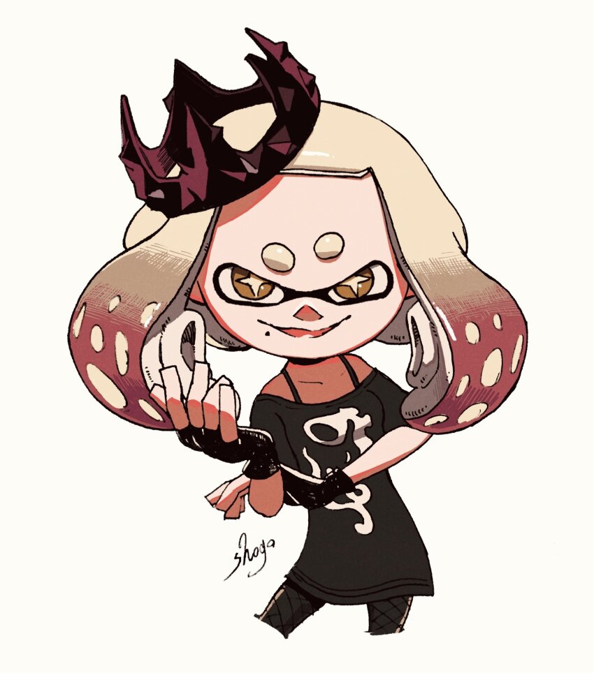 1girl black_crown black_gloves black_pantyhose black_shirt blonde_hair blunt_bangs commentary cropped_legs cross-shaped_pupils crown fingerless_gloves fishnet_pantyhose fishnets gloves hand_on_own_arm highres inkling looking_at_viewer medium_hair mole mole_under_mouth multicolored_hair nintendo official_alternate_costume open_mouth orange_eyes pantyhose pearl_(splatoon) pearl_(springfest)_(splatoon) raised_eyebrow red_hair shirt shogo_(shogo70449442) short_bangs short_sleeves smile solo splatoon_(series) splatoon_3 symbol-only_commentary symbol-shaped_pupils tentacle_hair thick_eyebrows tilted_headwear
