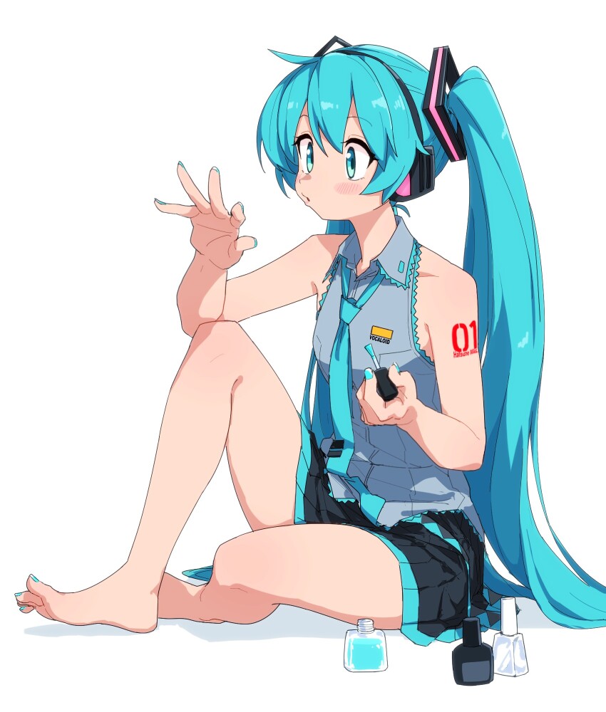 1girl applying_manicure aqua_eyes aqua_hair aqua_nails aqua_necktie arm_rest bare_arms bare_shoulders barefoot black_skirt blowing blush blush_stickers character_name collared_shirt cosmetics elbow_rest flat_chest from_side full_body grey_shirt hatsune_miku headphones highres holding holding_brush knee_up long_hair looking_at_hand nail_polish nail_polish_bottle nail_polish_brush necktie number_tattoo open_mouth puckered_lips shirt shoulder_tattoo simple_background sitting skirt sleeveless sleeveless_shirt solo tattoo toenail_polish toenails toes twintails very_long_hair vocaloid white_background yachima_tana