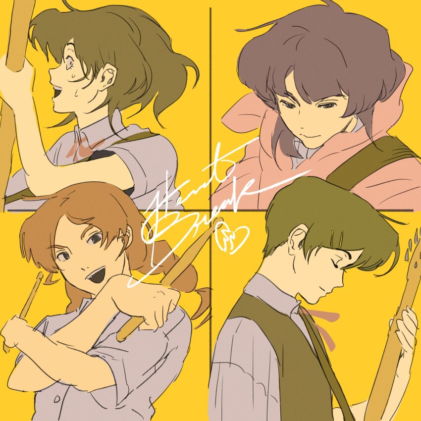 4girls :d bass_guitar black_eyes black_sweater_vest blunt_bangs braid broken_heart brown_hair closed_eyes closed_mouth collared_shirt dress_shirt drumsticks electric_guitar fujii_ayame futsuu_no_keion-bu group_name guitar guitar_strap hair_ornament hairpin hashtag-only_commentary hatono_chihiro heart heartbreak_(futsuu_no_keion-bu) highres holding holding_drumsticks hood hood_down hoodie instrument jacket kouyama_rin long_hair multiple_girls music neck_ribbon open_clothes open_jacket open_mouth parted_bangs pink_hoodie playing_bass_guitar playing_instrument portrait purple_eyes purple_hair red_ribbon ribbon school_uniform shirt short_hair short_sleeves smile stcharls_st sweat sweater_vest twin_braids twintails uchida_momo upper_body white_shirt wing_collar wolf_cut yellow_background