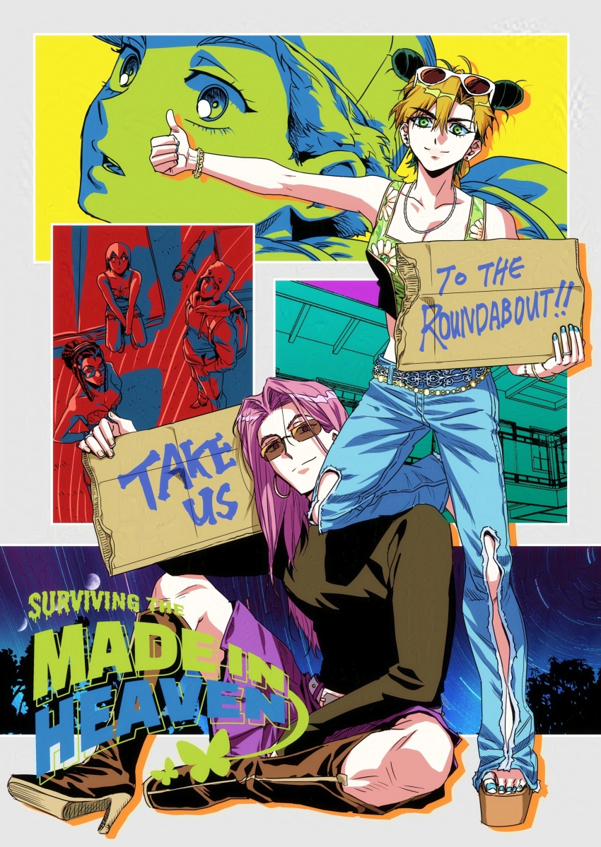 3boys 3girls absurdres backpack bag baseball_cap belt black_hair blonde_hair blue_nails blue_pants boots bracelet breasts cleavage commentary crescent_moon crop_top crossdressing denim double_bun dreadlocks earrings emporio_alnino english_commentary ermes_costello eyewear_on_head foo_fighters_(jojo) full_moon green_eyes green_tank_top hair_bun hat high_heel_boots high_heels highres holding holding_sign hoop_earrings horned_hat jeans jeonjin_(mynamebazin) jewelry jojo_no_kimyou_na_bouken knee_boots kuujou_jolyne long_hair medium_breasts midriff miniskirt moon multicolored_hair multiple_boys multiple_girls nail_polish narciso_anasui necklace pants pink_hair platform_sandals purple_skirt ring sandals short_hair sign sitting skirt smile stone_ocean sunglasses tank_top thumbs_up toenail_polish toenails torn_clothes torn_pants two-tone_hair weather_report