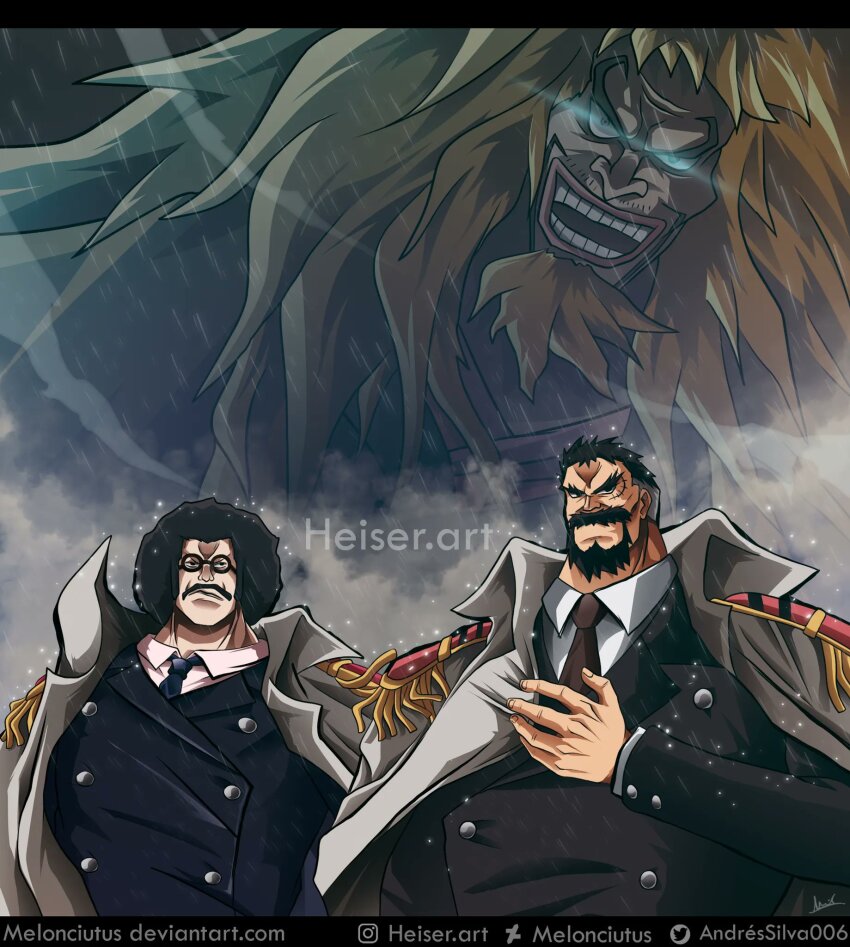 3boys afro artist_name beard black_eyes black_hair black_necktie blonde_hair closed_mouth coat coat_on_shoulders commentary_request deviantart_logo deviantart_username epaulettes facial_hair facial_scar formal_clothes glasses grey_hair highres instagram_logo instagram_username kinjishi_no_shiki long_hair long_sleeves male_focus melonciutus monkey_d._garp multicolored_hair multiple_boys mustache mustache_stubble necktie one_piece open_clothes open_coat open_mouth pink_shirt rain round_eyewear scar scar_on_cheek scar_on_face sengoku_(one_piece) shirt short_hair smile spanish_commentary stubble suit twitter_logo twitter_username two-tone_hair watermark web_address white_shirt