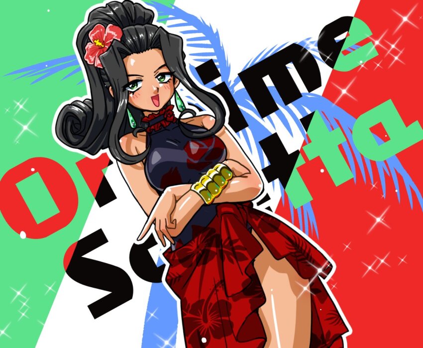 black_hair black_one-piece_swimsuit bracelet character_name collar collarbone collared_one-piece_swimsuit commentary crossed_arms dark-skinned_female dark_skin earrings frilled_collar frills green_eyes high_ponytail jewelry long_hair looking_at_viewer one-piece_swimsuit open_mouth palm_tree ponytail red_sarong sakura_taisen sarong soletta_orihime swimsuit thighhighs tree wanta_(futoshi)