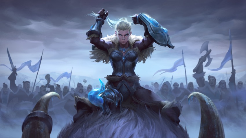 absurdres armor blonde_hair blue_eyes boar fake_horns helmet highres horned_helmet horns league_of_legends non-web_source sejuani