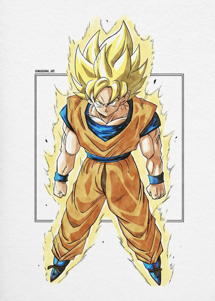 1boy blonde_hair blue_boots blue_sash blue_shirt blue_wrist_cuffs boots clenched_hands dougi dragon_ball dragonball_z full_body green_eyes highres looking_at_viewer male_focus medium_hair naouuma_art orange_pants orange_shirt pants sash shirt simple_background solo son_goku spiked_hair super_saiyan super_saiyan_1 white_background wrist_cuffs