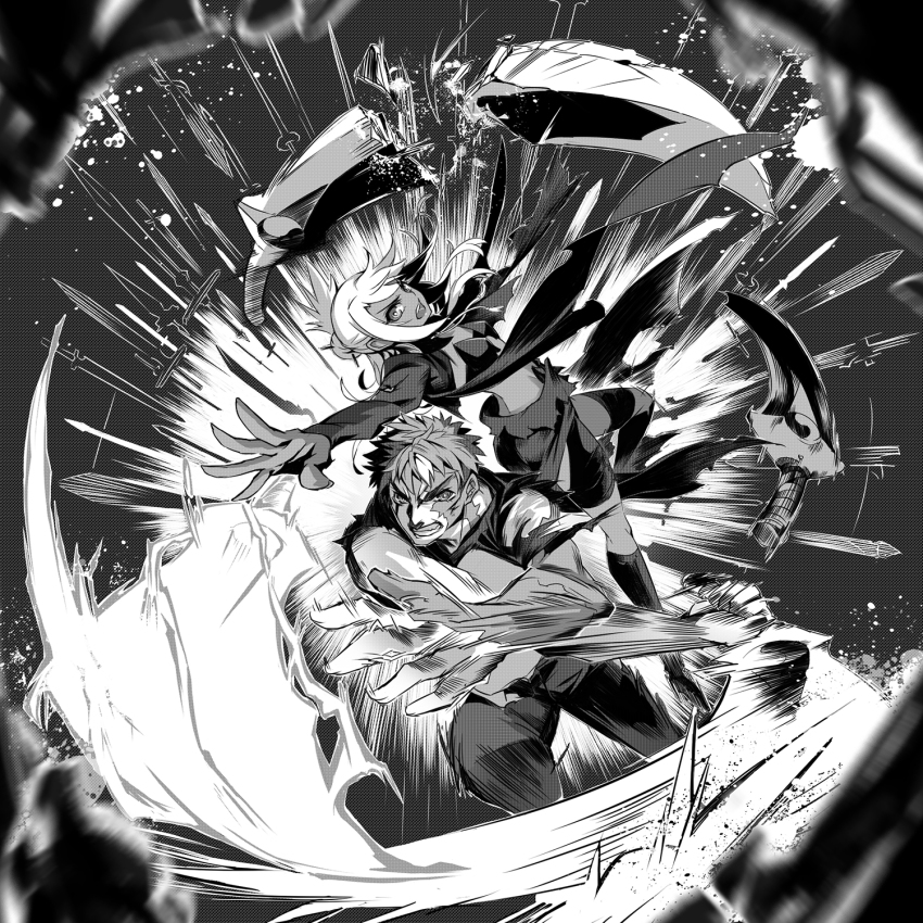 1boy 1girl chloe_von_einzbern chloe_von_einzbern_(archer_install) colored_skin emiya_shirou emiya_shirou_(prisma_illya) fate/kaleid_liner_prisma_illya fate/stay_night fate_(series) greyscale highres monochrome multicolored_hair multicolored_skin raglan_sleeves sword todee two-tone_hair two-tone_skin weapon