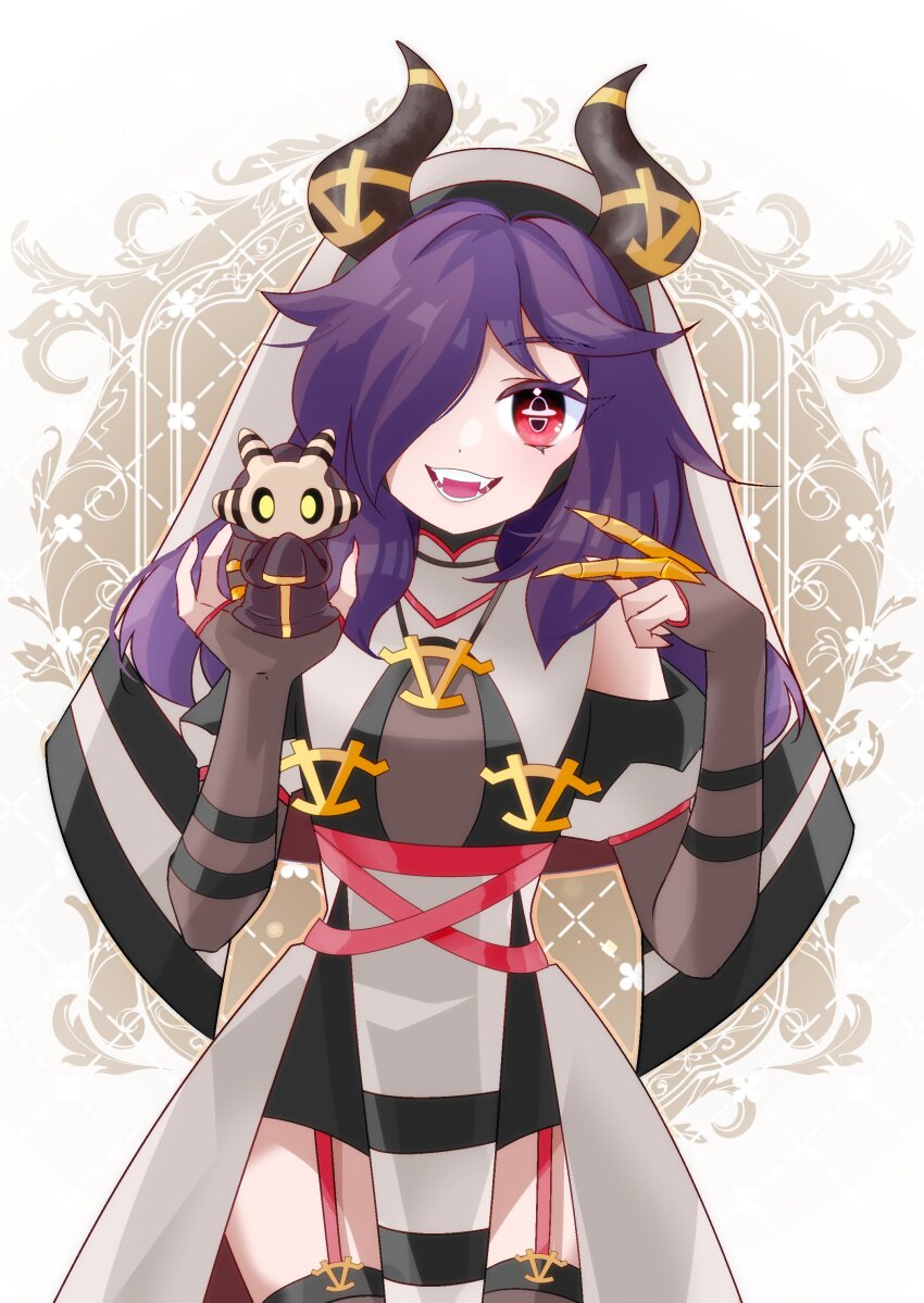 1girl absurdres black_horns clothing_cutout dress elbow_gloves fingerless_gloves gloves hair_over_one_eye highres holding horns ioiori18 jewelry long_hair multicolored_horns necklace nun open_mouth phyla_einrose purple_hair red_eyes red_garter_straps second-party_source shoulder_cutout smile symbol-shaped_pupils thighhighs two-tone_horns vallure virtual_youtuber white_dress
