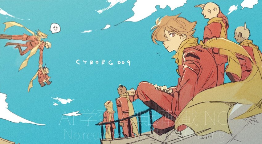 albert_heinrich blonde_hair chang_changku coat cyborg cyborg_009 dynamic_pose flying francoise_arnoul geronimo_jr great_britain_(cyborg_009) hair_over_one_eye hairband ivan_whisky jet_link kmkr_umi long_hair pyunma red_coat red_hairband scarf shimamura_joe yellow_scarf