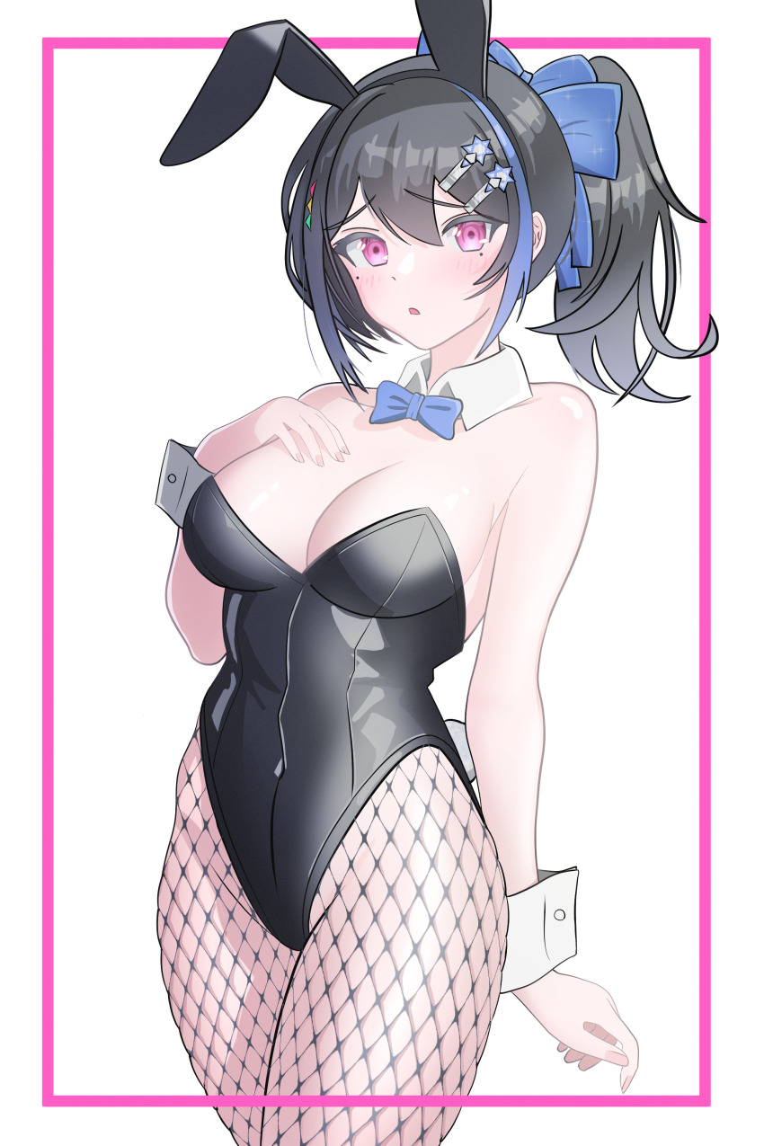 1girl absurdres alternate_costume animal_ears black_leotard blue_bow blush bow breasts cleavage commentary detached_collar english_commentary fake_animal_ears fishnet_pantyhose fishnets gilijim girls&#039;_frontline hair_bow hair_ornament hairpin hexagram highleg highleg_leotard highres jericho_(girls&#039;_frontline) leotard looking_at_viewer medium_breasts mole mole_under_eye multiple_hairpins multiple_moles open_mouth pantyhose pink_eyes playboy_bunny ponytail rabbit simple_background solo star_(symbol) star_hair_ornament star_of_david wrist_cuffs