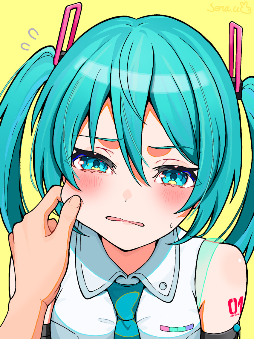 1girl 1other aqua_eyes aqua_hair aqua_necktie artist_name black_sleeves cheek_pinching collared_shirt commentary_request confused d: detached_sleeves fingernails flying_sweatdrops furrowed_brow hair_between_eyes hair_ornament hatsune_miku hatsune_miku_(vocaloid4) highres long_hair looking_at_viewer necktie open_mouth parted_lips pinching portrait pov pov_hands shirt shoulder_tattoo simple_background sleeveless solo_focus sweatdrop tattoo twintails uzuki_sena vocaloid wavy_mouth white_shirt yellow_background