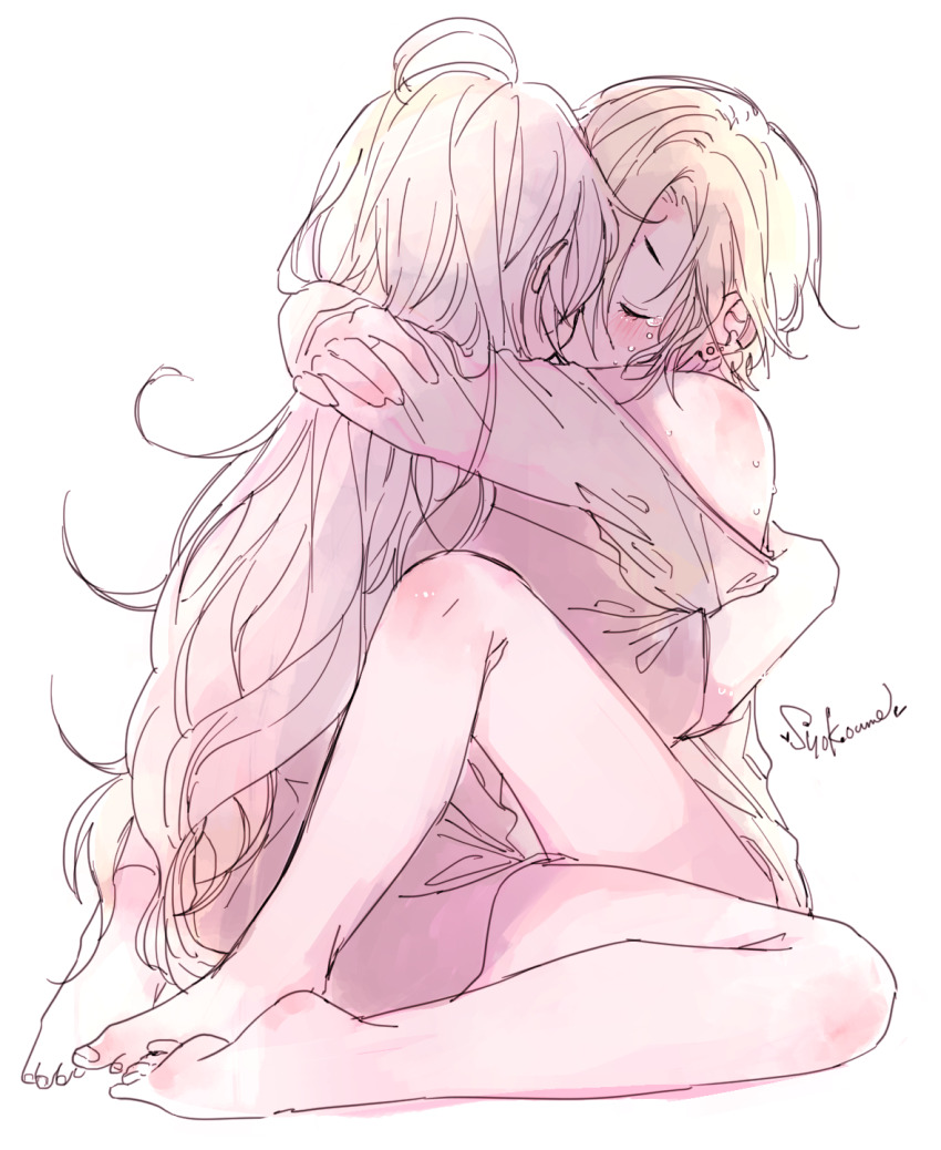 2girls amane_(7783) arms_around_neck bare_legs bare_shoulders barefoot between_legs blonde_hair blush closed_eyes commentary_request grey_shirt highres hoshi_syoko idolmaster idolmaster_cinderella_girls kiss long_hair multiple_girls off_shoulder shirasaka_koume shirt short_hair simple_background tears toes white_background white_hair yuri