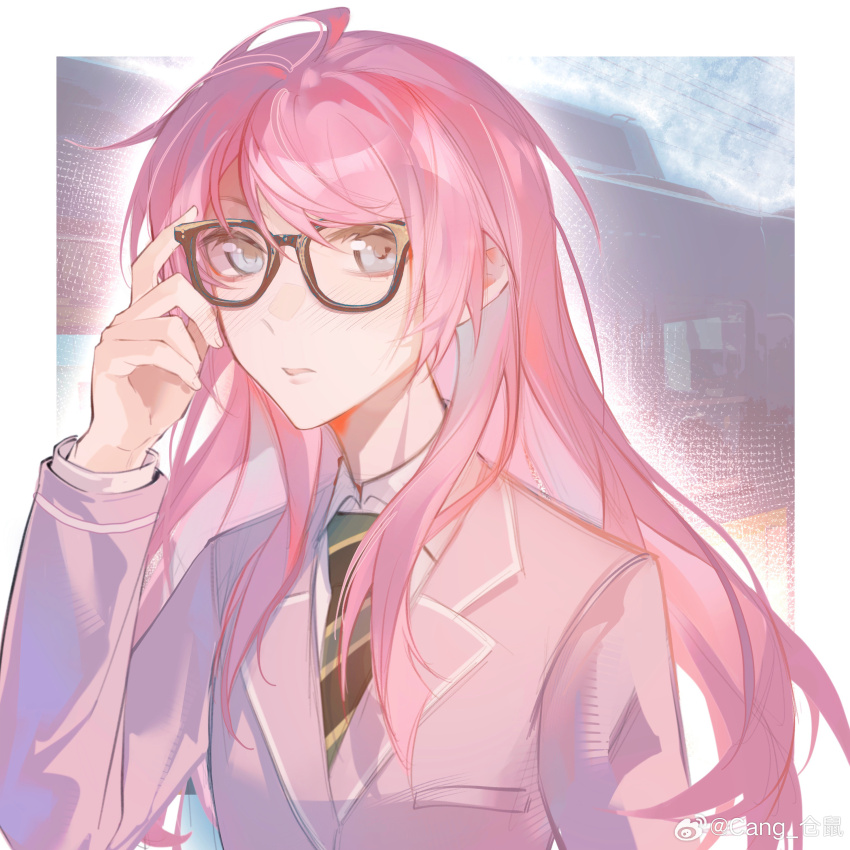 1girl absurdres adjusting_eyewear bang_dream! bang_dream!_it&#039;s_mygo!!!!! blush cang_(akaga204) chihaya_anon chinese_commentary commentary_request diagonal-striped_clothes diagonal-striped_necktie glasses green_necktie grey_eyes grey_jacket haneoka_school_uniform highres jacket long_hair necktie open_mouth pink_hair school_uniform solo striped_clothes upper_body watermark weibo_watermark