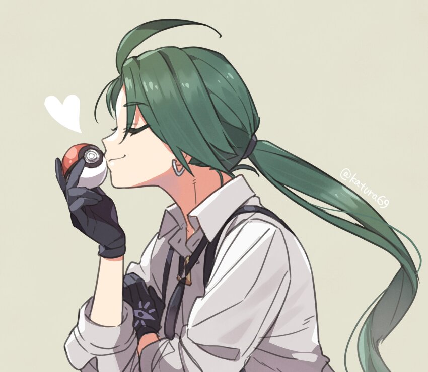 1girl absurdres ahoge black_gloves closed_eyes collared_shirt earrings gloves green_hair highres holding holding_poke_ball jewelry katsura_ichiho long_hair necktie nintendo poke_ball pokemon pokemon_sv ponytail profile reverse_trap rika_(pokemon) shirt smile suspenders upper_body