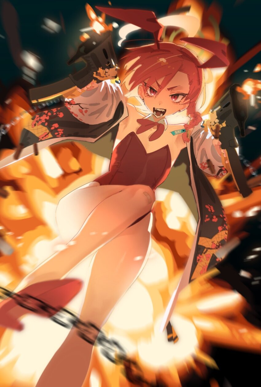 1girl ahoge animal_ears bandaid bandaid_on_knee bandaid_on_leg bare_shoulders blue_archive blurry blurry_background braid braided_ponytail chain depth_of_field detached_collar dual_wielding earrings explosion fake_animal_ears fangs firing flat_chest gun high_heels highres holding holding_gun holding_weapon jacket jewelry leotard looking_at_viewer muzzle_flash neru_(blue_archive) neru_(bunny)_(blue_archive) open_clothes open_jacket open_mouth pink_eyes pink_hair playboy_bunny rabbit_ears red_leotard red_shoes shoes short_hair smile solo stud_earrings submachine_gun sukajan teeth utsuru4 v-shaped_eyebrows weapon